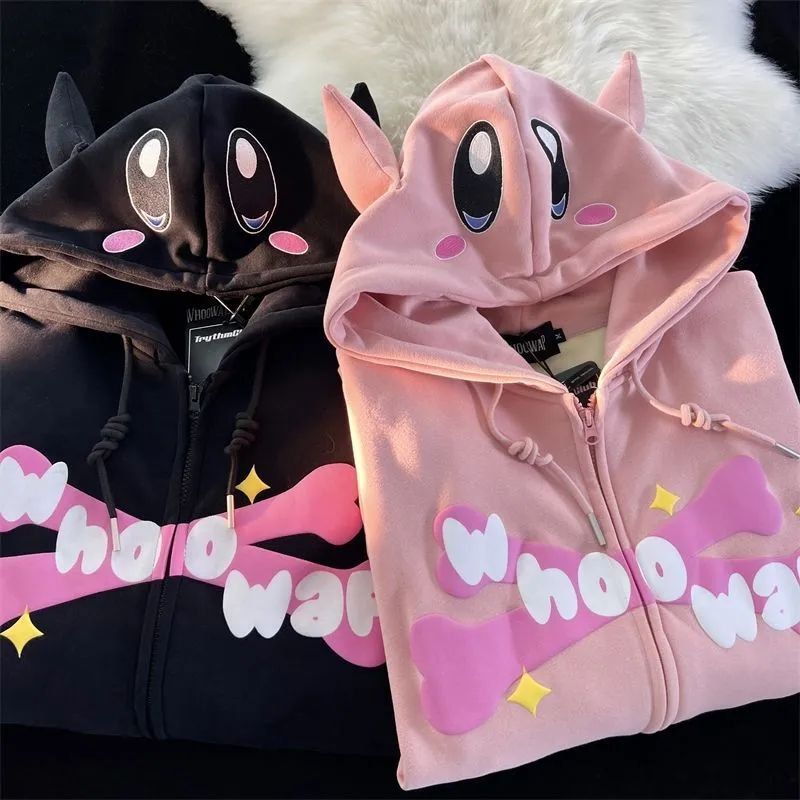 Julia Hoodie Zipper Pink Kawaii Kirby Style Kuping Lucu Oversize Wanita aket Hoodie Pink Anime Cute 