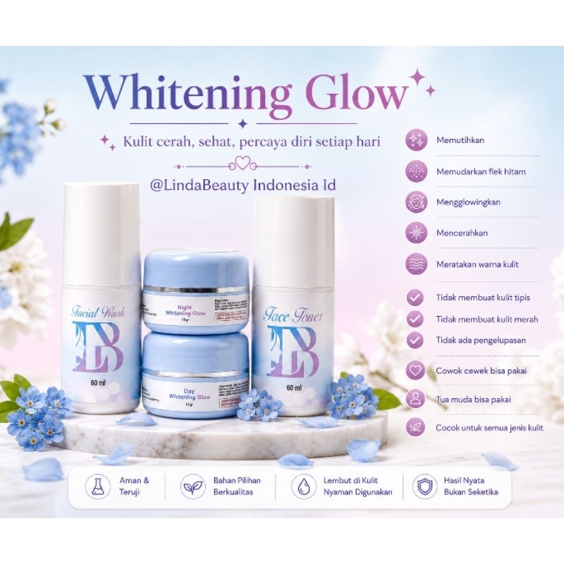 LindaBeauty Whitening Glow Skincare LB Paket Lengkap Mencerahkan Kulit Wajah Merata Memudarkan Flek 