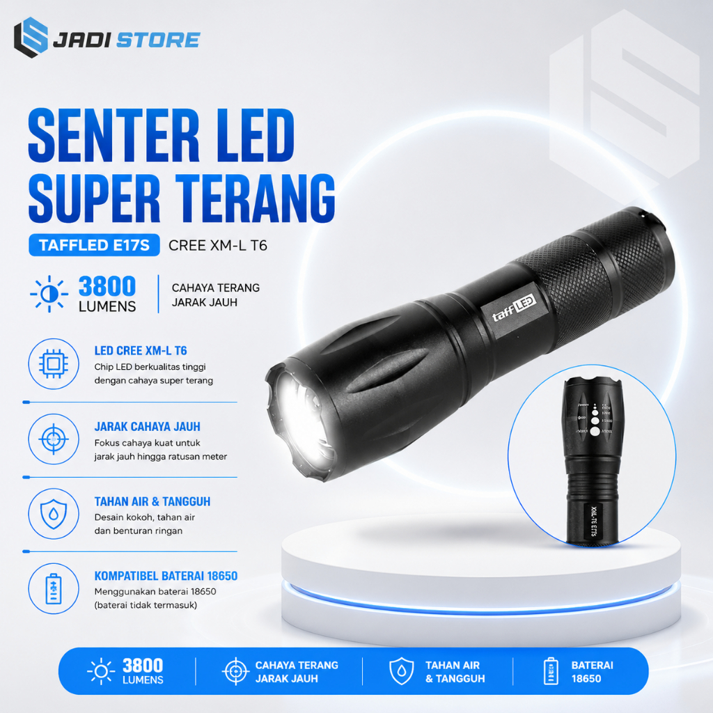 TaffLED E17s Senter LED Cree XM-L T6 3800 Lumens Senter Swat Police Super Terang Jarak Jauh Senter L