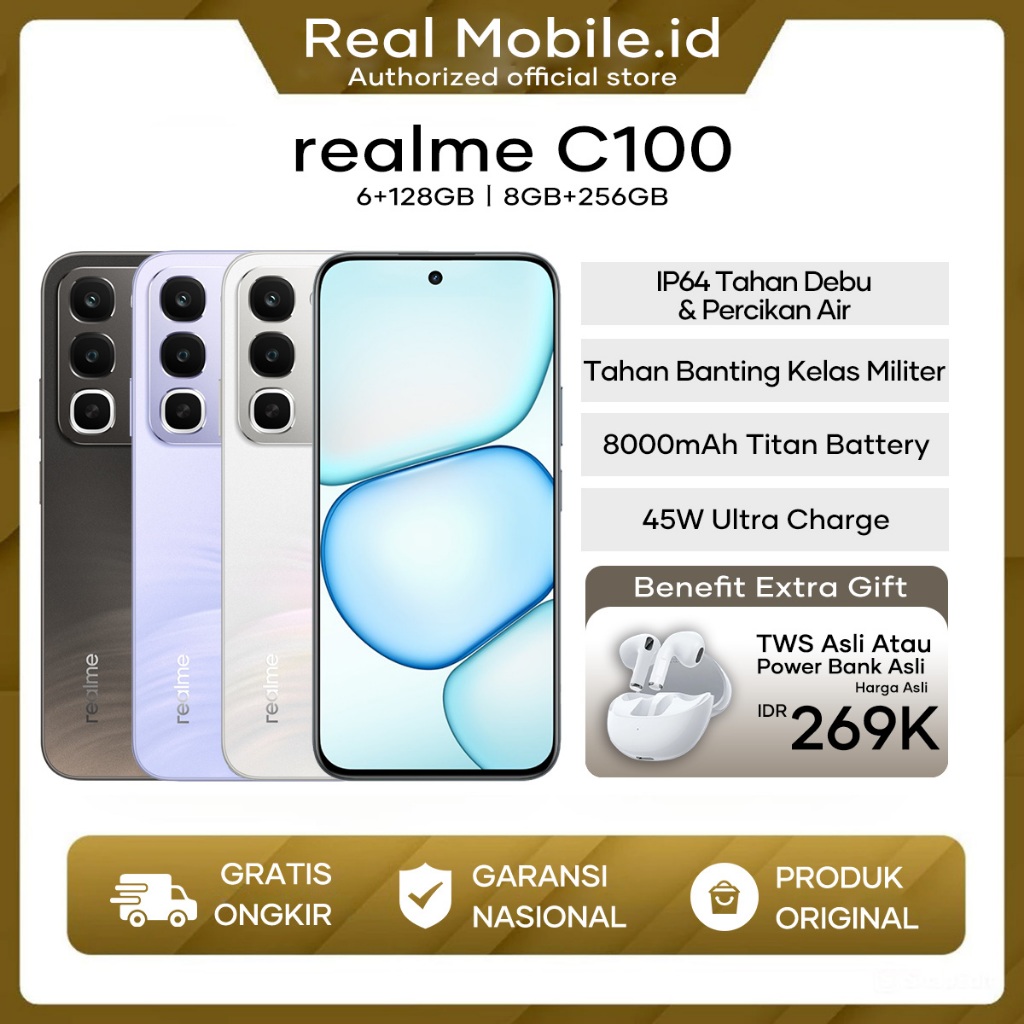 Hp realme C100 Series 6/128 6/256 8+256 8000mAh 45W IP64 Tahan Debu& Percikan Air realme Indonesia