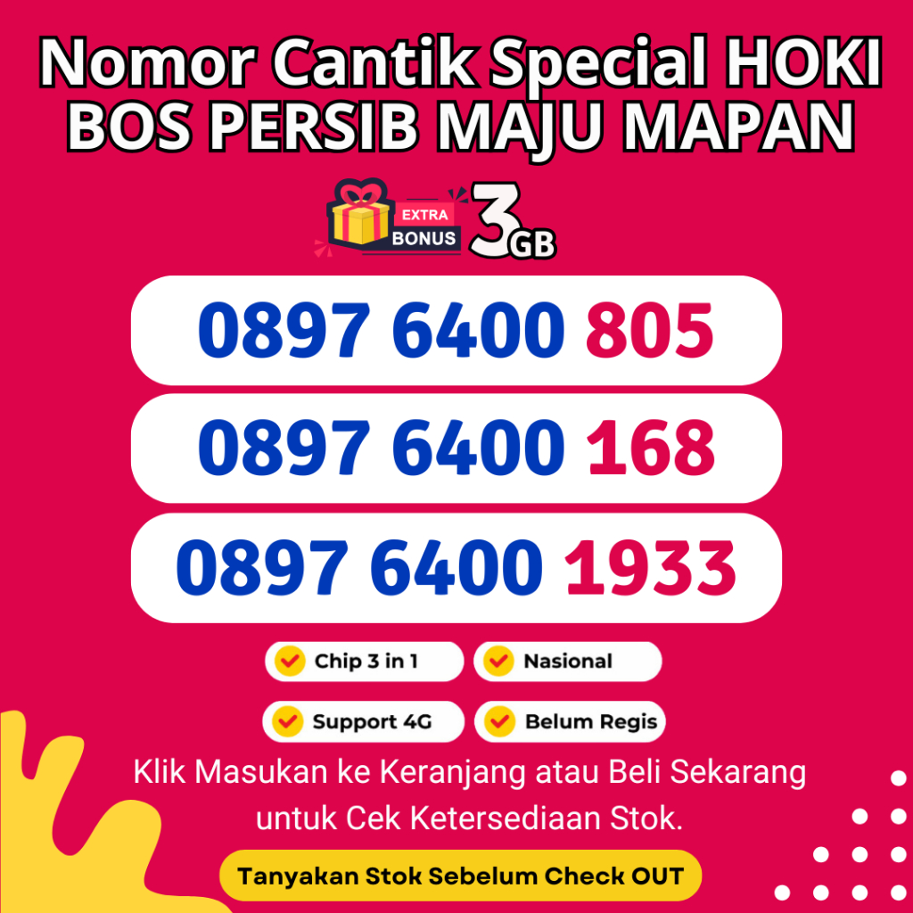 Nomor Cantik Tri Seri HOKI 168 PERSIB BOS MAJU MAPAN BONUS KUOTA 3GB