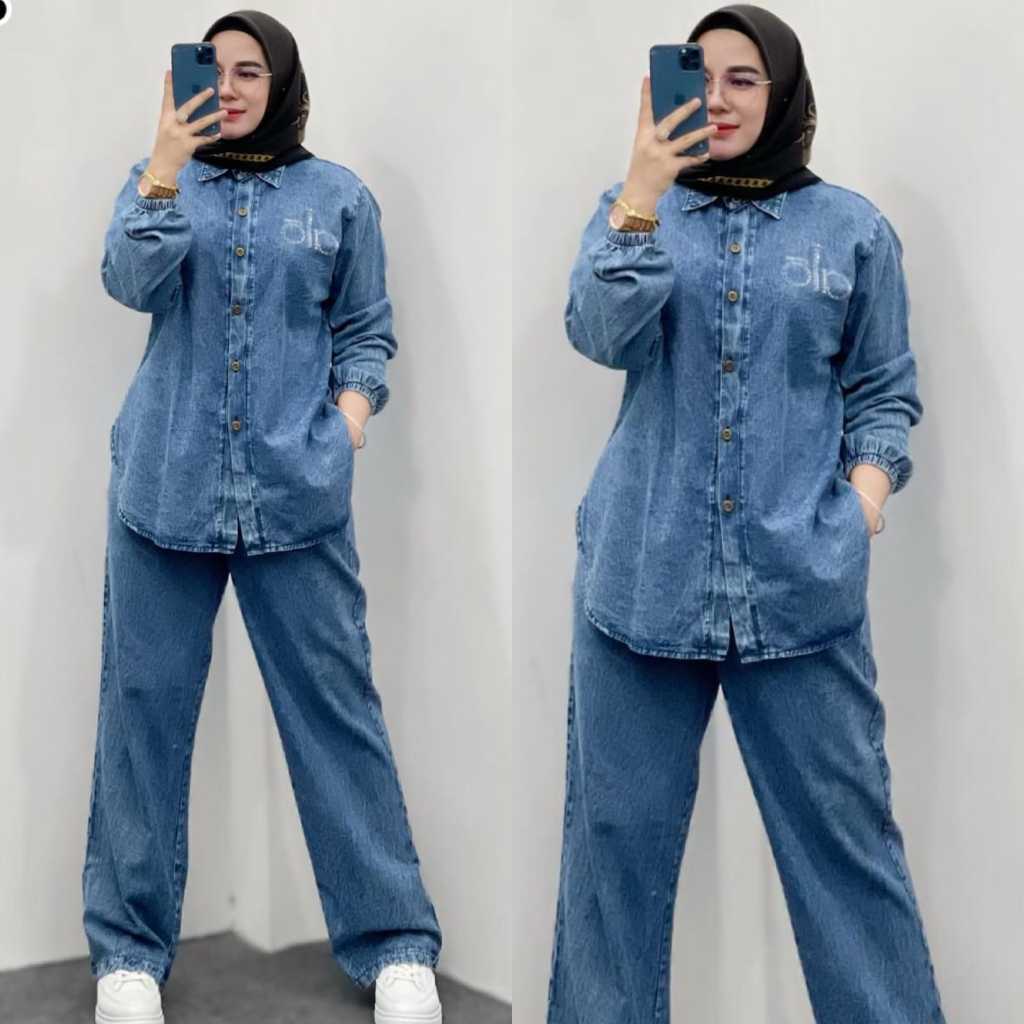 OLA one set jeans bordir , one set jeans bordir bunga , set wanita soft jeans bordir , setelan ful