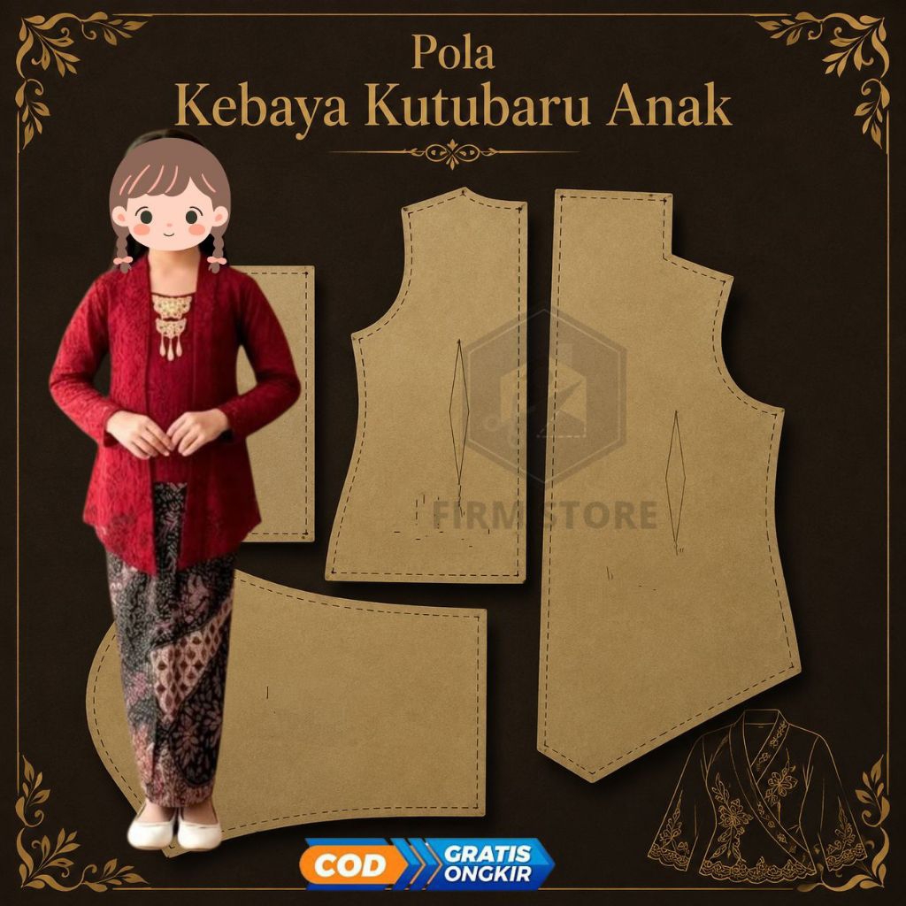 Pola Instan Kebaya Kutubaru Anak - Pola Jahit Kertas Lengkap (Size 1-12 Tahun)