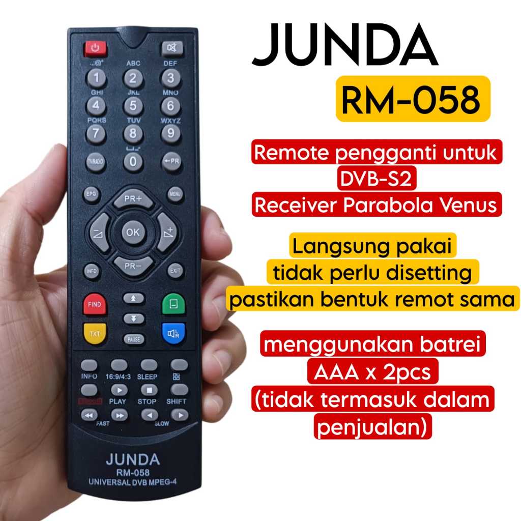 JUNDA RM 058 Remote Pengganti untuk Reciever Parabola Venus Cronus MPEG-4 dan Venus Yaris MPEG-4