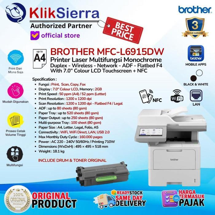 Brother MFC-L6915DW Printer Laser Monokrom All-in-One Wireless 52ppm Duplex NFC