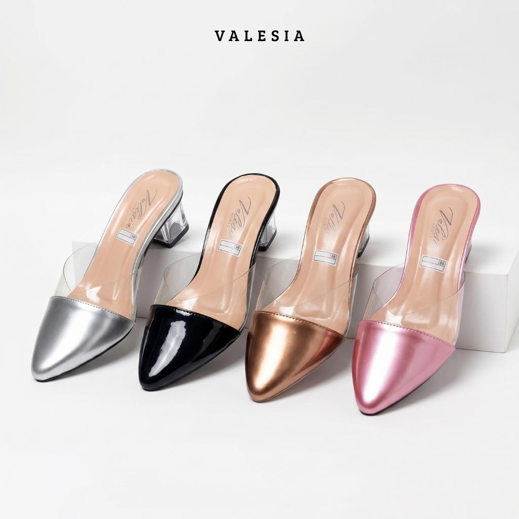 Sandal Wanita Selop Mika Hak Kaca 5 cm Slip on Kondangan Pesta
