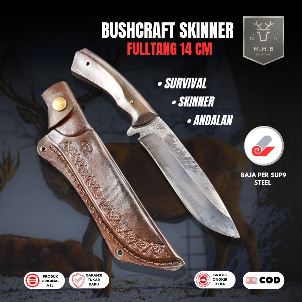 MHB | Pisau Skinner Bushcraft Survival Multifungsi Baja Per sup9 Fulltang Pb 14 cm