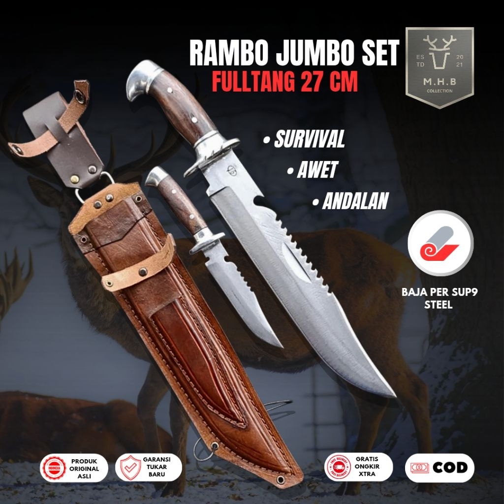MHB | Pisau Survival Bushcraft Rambo Jumbo Set Sepaket Skinner Baja Per Sepuh Sup9 Fulltang - Pisau 