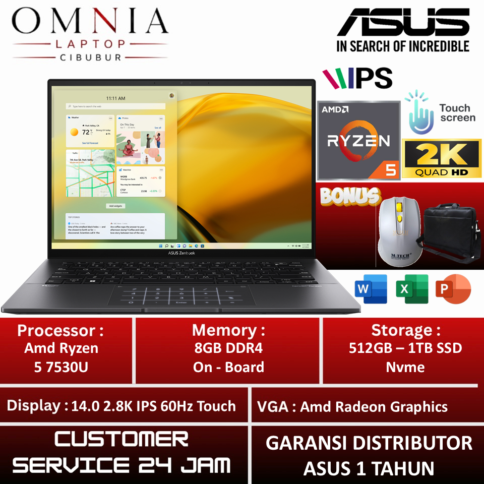 Asus Zenbook 14 OLED UM3402YA Amd Ryzen 5 7530U 8GB 1TB SSD 14" 2.8K Touchscreen Win 11 Home