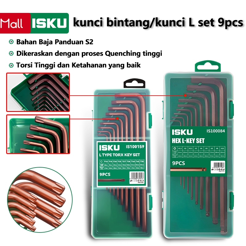 ISKU Kunci L Set Ballpoint Panjang 9 PCS ( 1.5 - 10 MM ) Bahan S2 Tidak berkarat Kunci L Set panjang