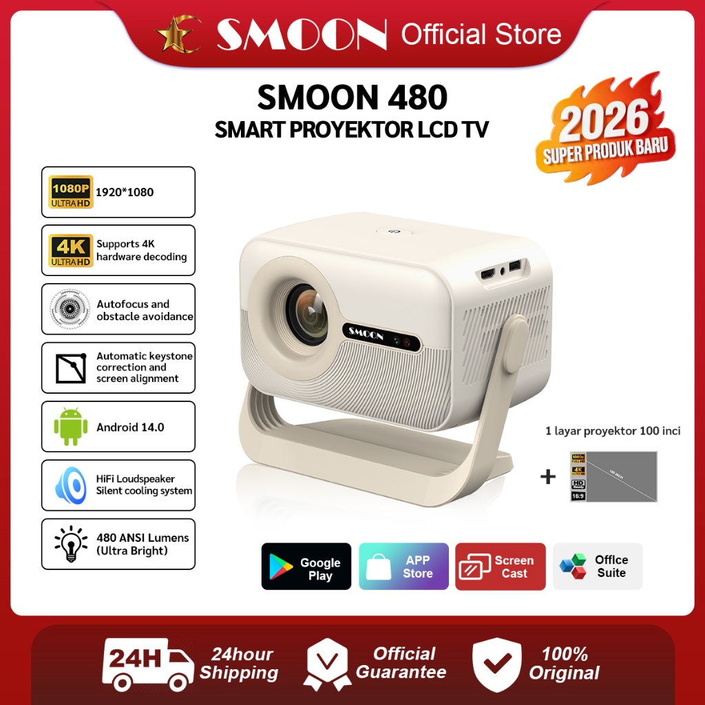 SMOON 480 Smart Projector LCD TV - Proyektor Pintar - 480 ANSI Lumens - TV Android - Fokus Otomatis 