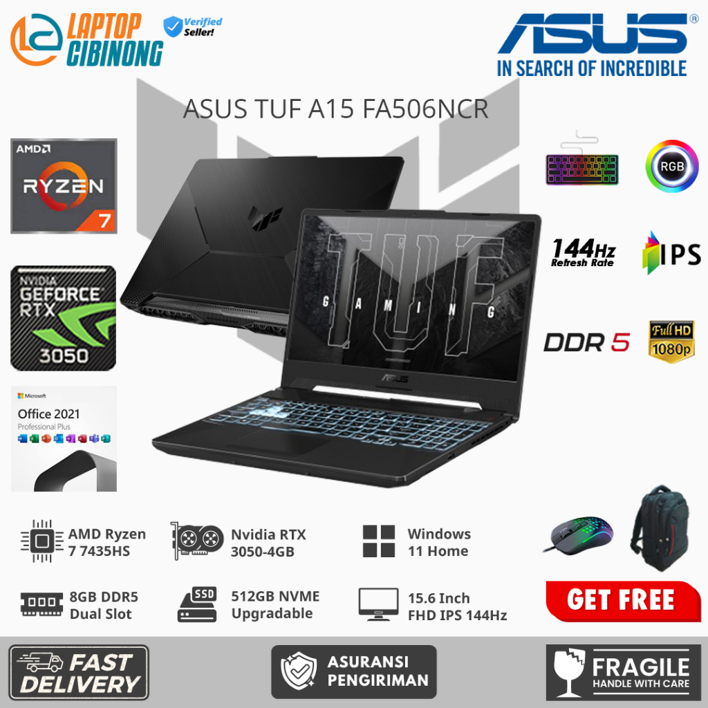 Laptop Gaming Asus TUF A15 FA506NCR AMD Ryzen 7 7435HS 8GB DDR5 512GB RTX3050-4GB 15.6 FHD IPS Win11
