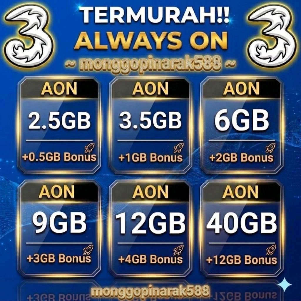 Kuota Tri AON Paket Data Internet 2,5GB to 40GB Bonus kouta Lokal