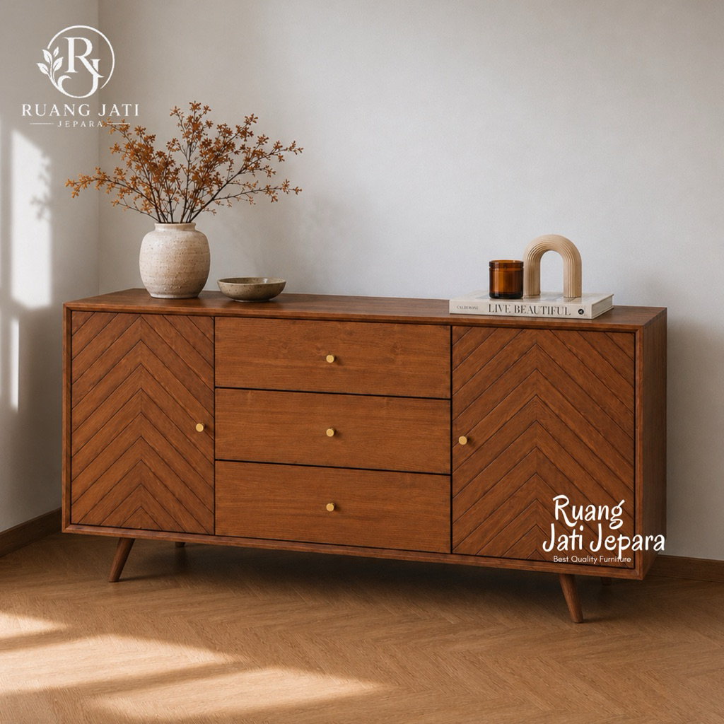 Cabinet Buffet Meja TV Estetik 3 Laci Premium | Credenza Minimalis Aesthetic Furniture Jepara | Bufe