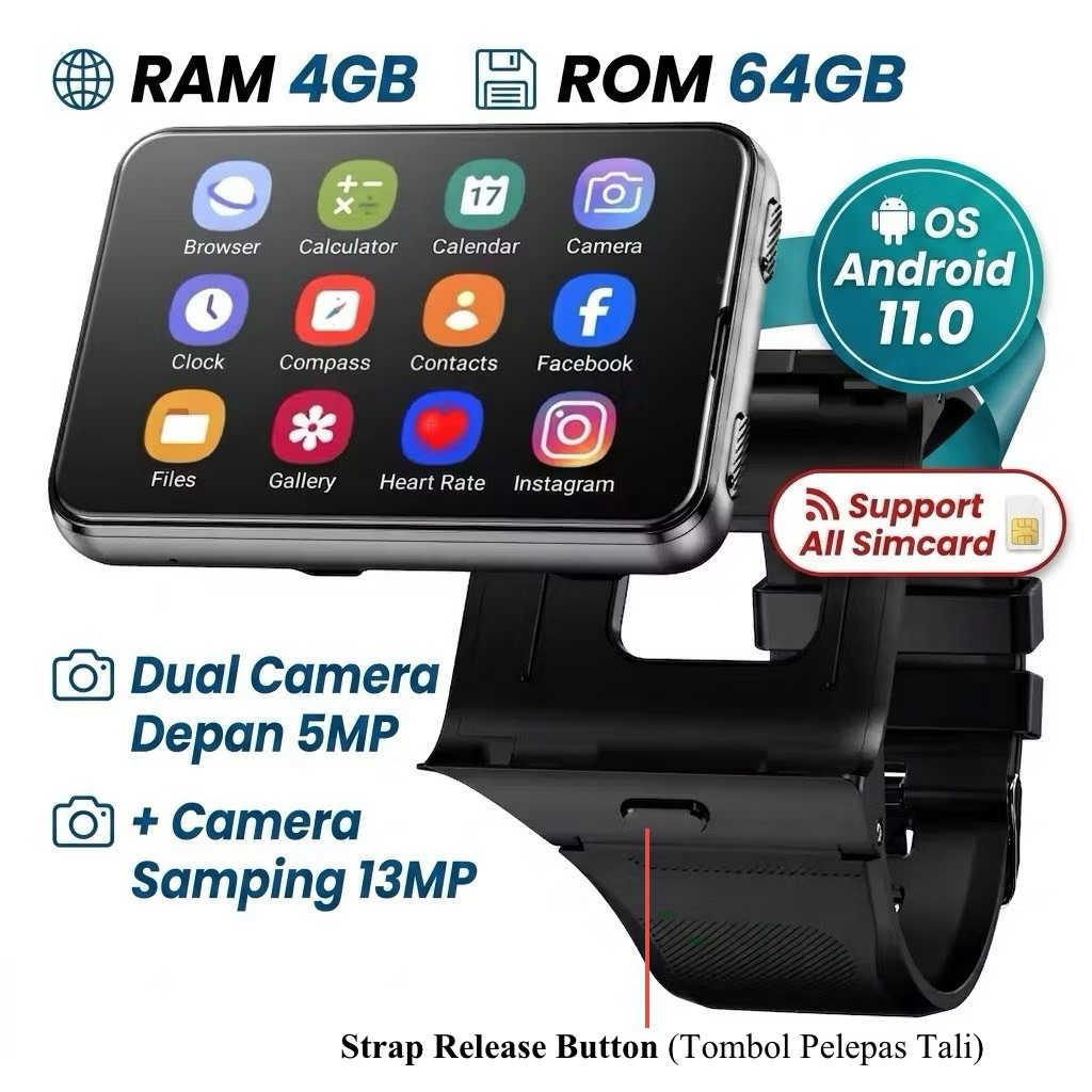 Smartwatch Layar Besar HD 2.88 Inci Android 11.0 OS RAM 4G ROM 64G Kartu SIM 4G WIFI GPS Kamera 5MP+