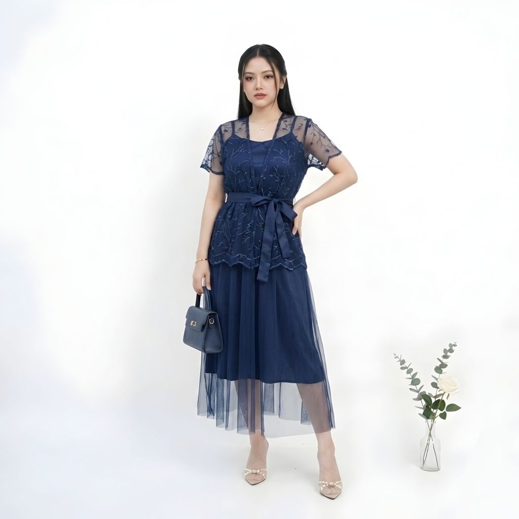 Set Dress Brukat Tile Bordir Mutiara Dealova Dress Pesta Natal Terbaru Simple Elegant Brokat Rx