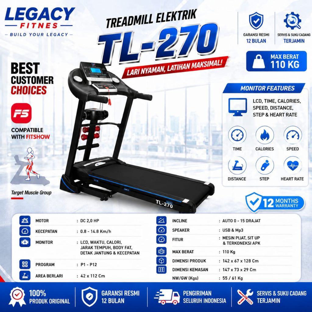 Treadmill Elektrik Total TL 270 Treadmil Listrik Murah Auto Incline Otomatis