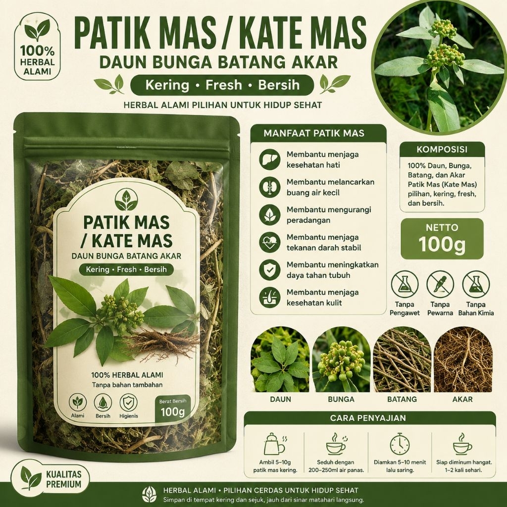 Herbal Daun Bunga Batang Akar Patik Mas Kate Mas Kering 100g Premium