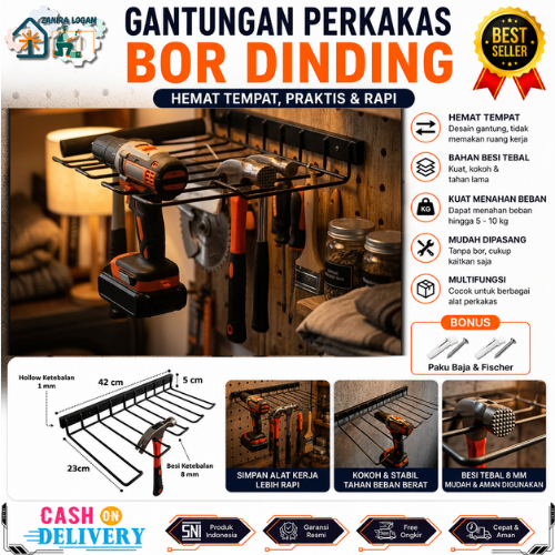 Gantungan Perkakas Bor Tempel Dinding - Rak Dudukan Bor Listrik & Organizer Kunci Bengkel Multifungs