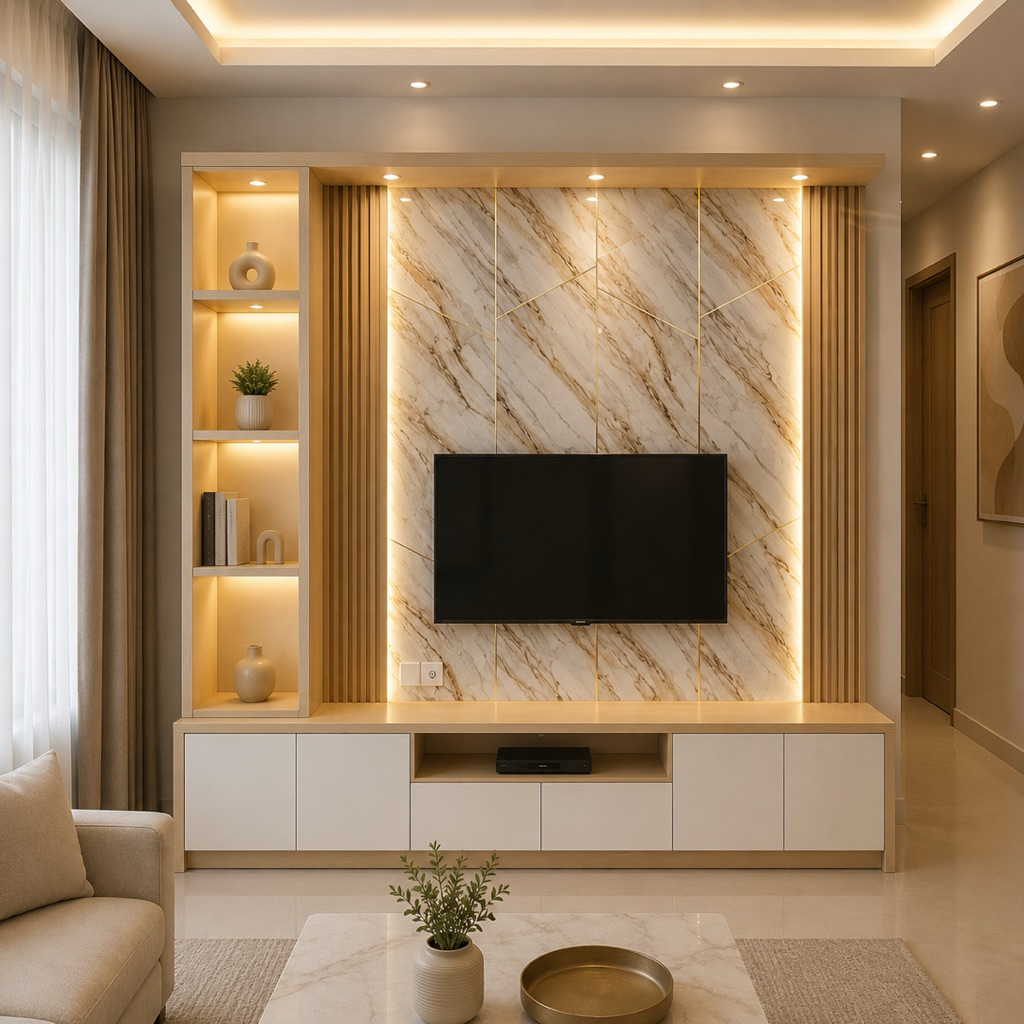 Backdrop TV Minimalis Modern Marmer Gold Rak LED Cabinet TV Elegan Ruang Tamu