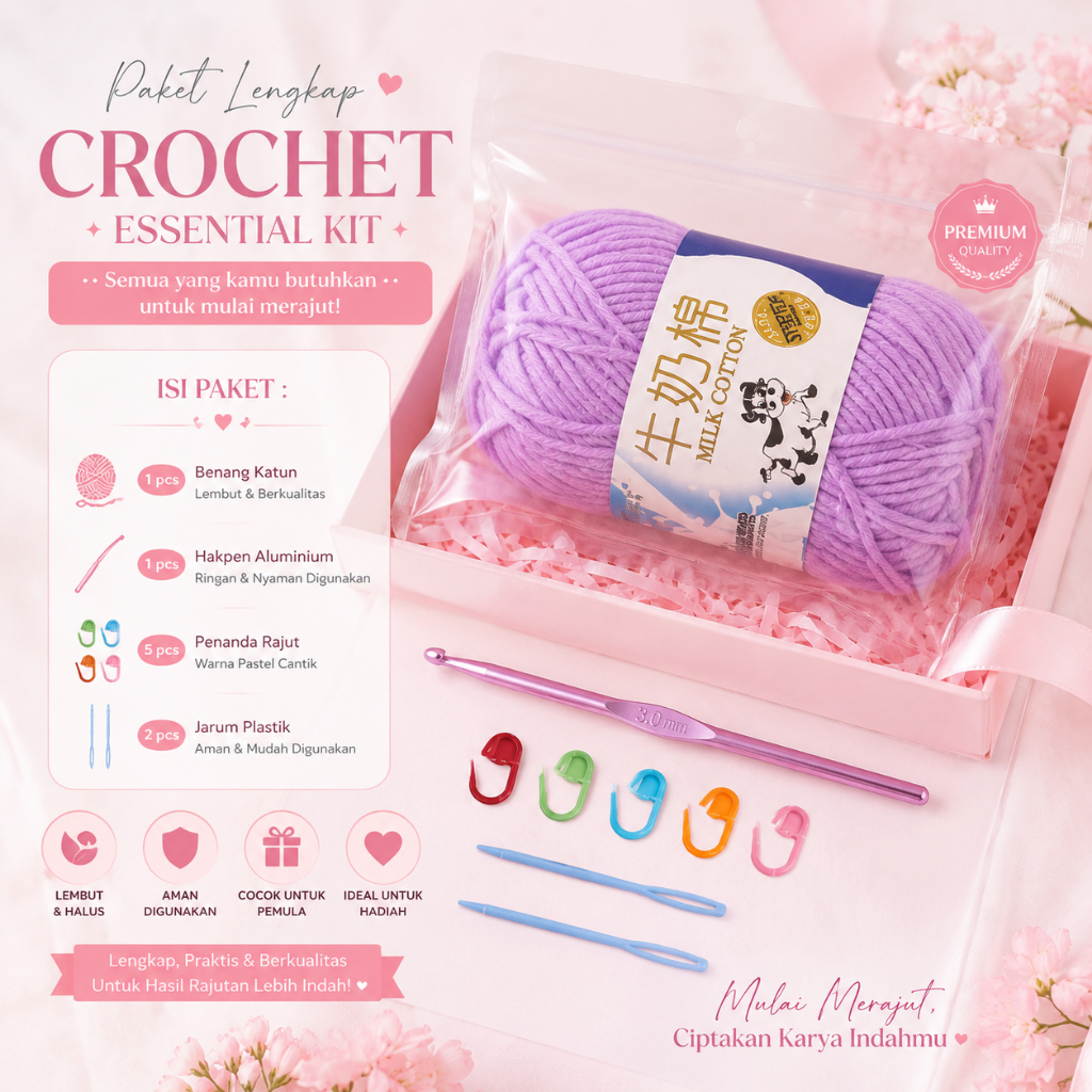 MADEBYBULAT RAJUT PEMULA Paket Rajut Pemula Benang Milk Cotton 5ply 50 gram dengan Hakpen dan Jarum 