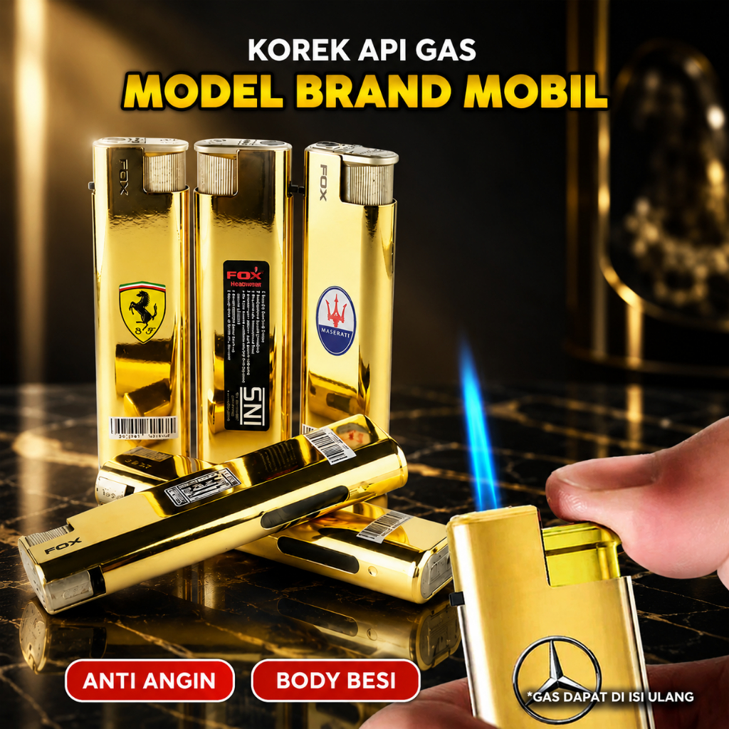 Korek Api Gas Bara Bisa Isi Ulang Desain Gold / Korek Api Gas Bara Anti Redup Warna Gold Model Mobil