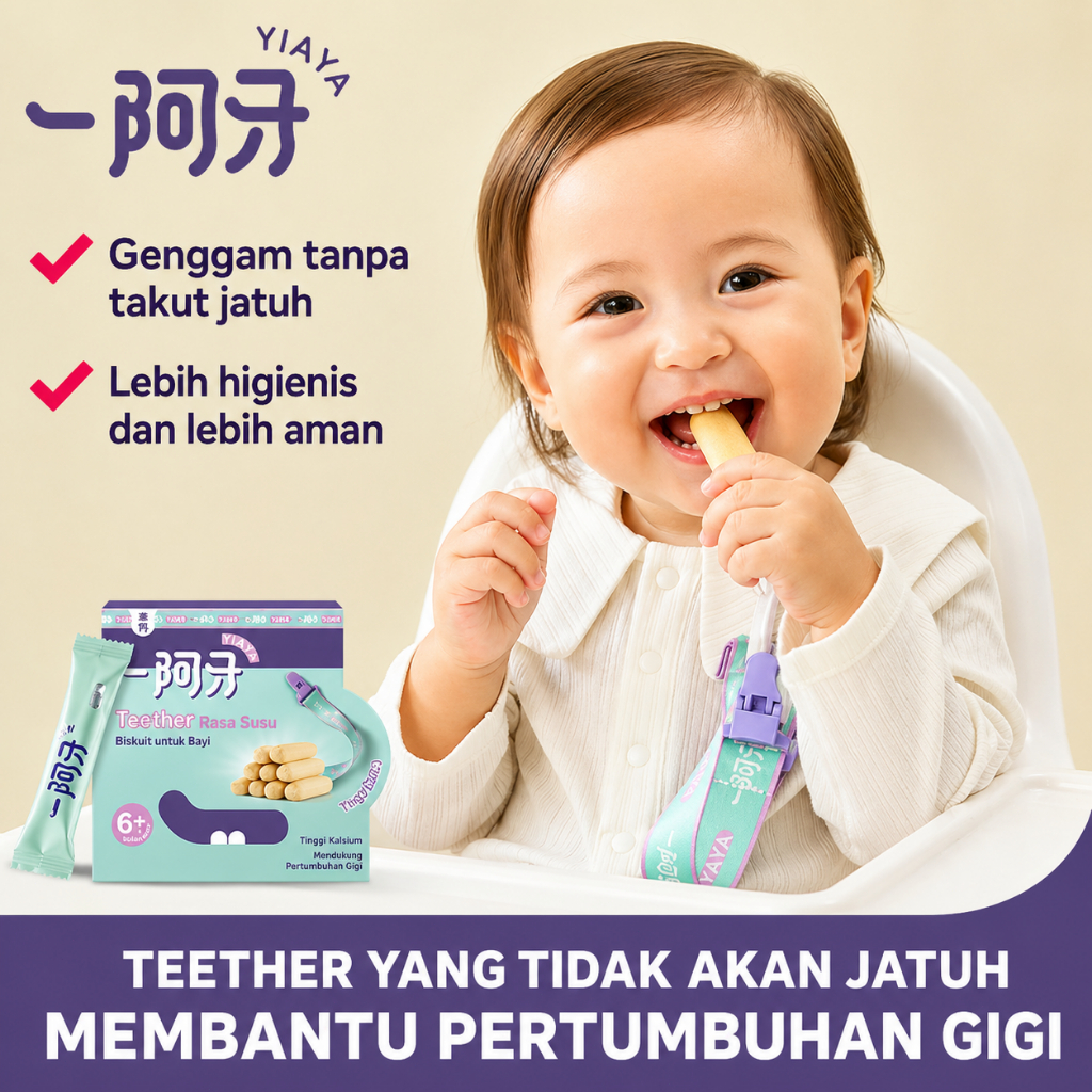 YIAYA Teether Bayi Stick Biskuit Gigitan Bayi Anti Jatuh + Strap Holder | Snack Bayi Tinggi Kalsium 