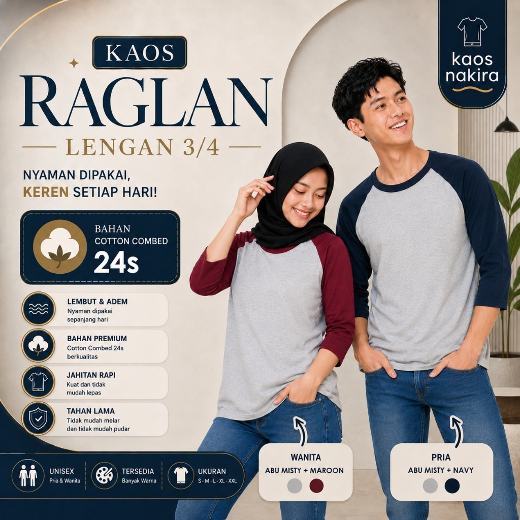 Kaos Polos Raglan 3/4 / Raglan Polos / Raglan Murah / Raglan Distro / Cotton Combed 24s - Pria Wanit