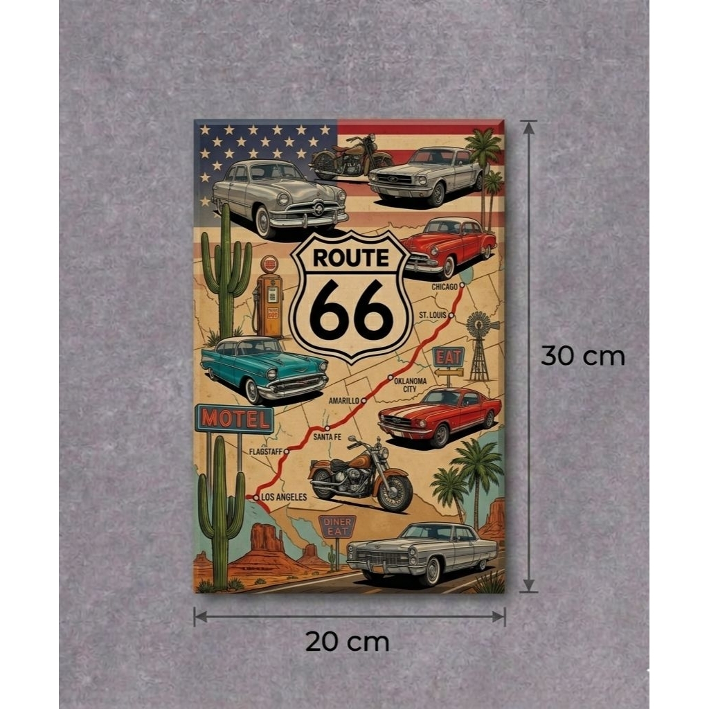 Hiasan Dinding Poster Kayu Route 66 Mobil Klasik Retro Dekorasi Wall Decor MDF 20x30cm Vintage