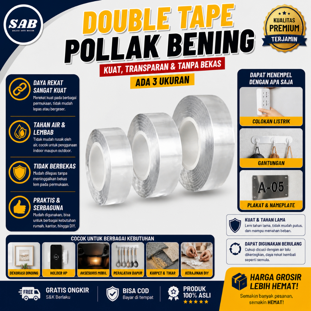 Double Tape Perekat Dinding Doble Tip Super Kuat Nano Tape Bening Pollak Tidak Merusak Dinding