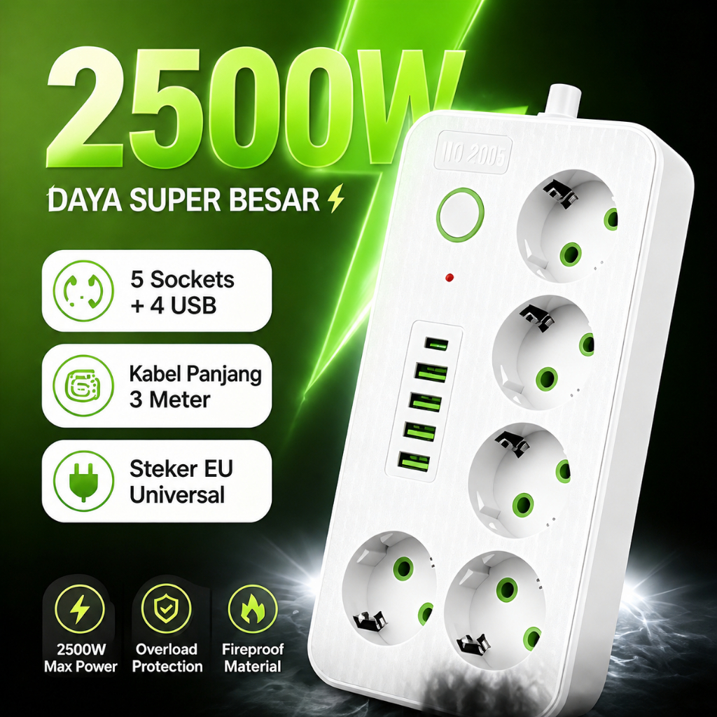 Stop Kontak USB Type C 2500W Kabel 3 Meter Terminal Listrik 5 Lubang 4 Port USB Fast Charging Steker