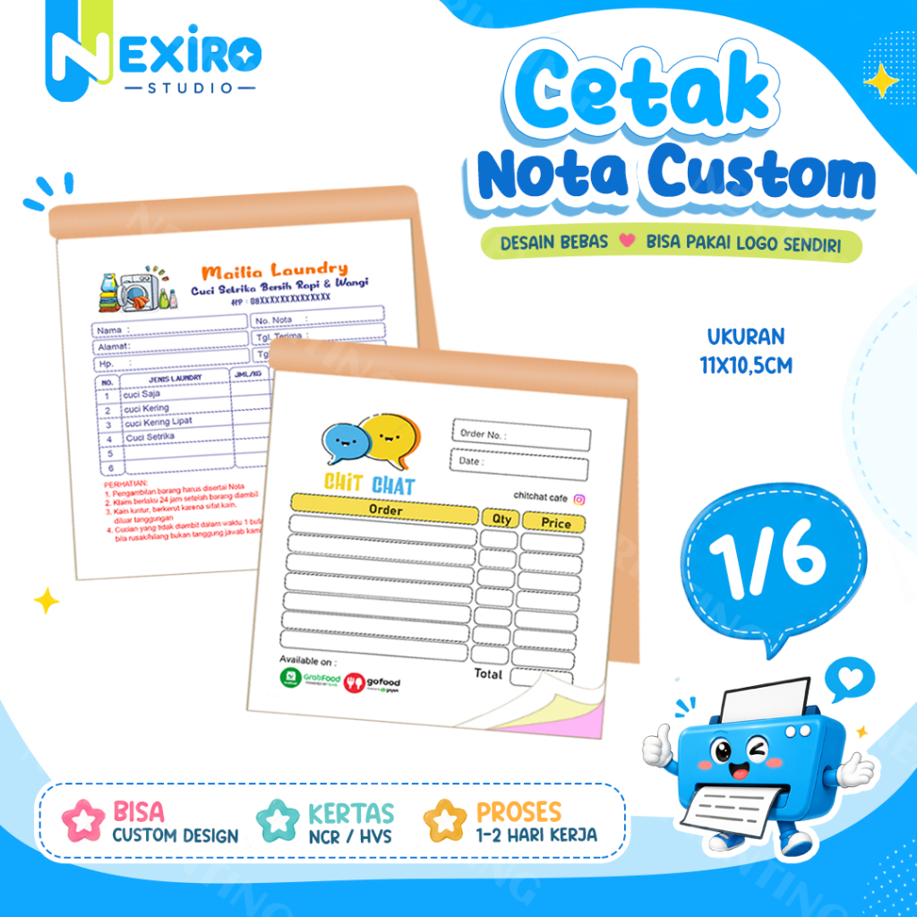1/6 Cetak Nota Custom Ukuran 1/6 Folio Bon Faktur Online Ofline Emas Restoran Laundry rangkap 1 2 3 
