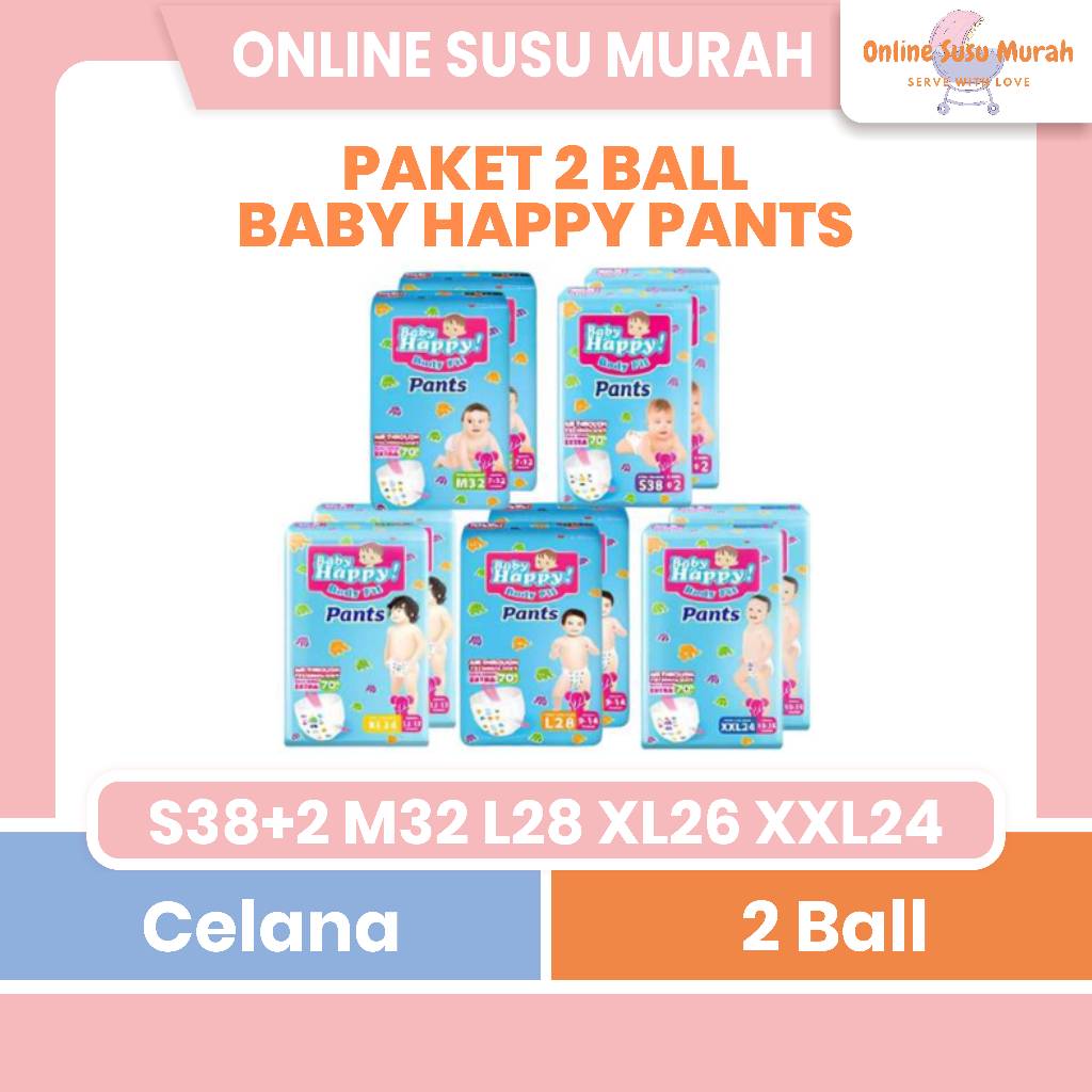BABY HAPPY PANTS PAKET 2 BALL S 38 +2 M 32 L 28 XL 26 XXL 24 CELANA S38 +2 M32 L28 XL26 XXL24 PPKS