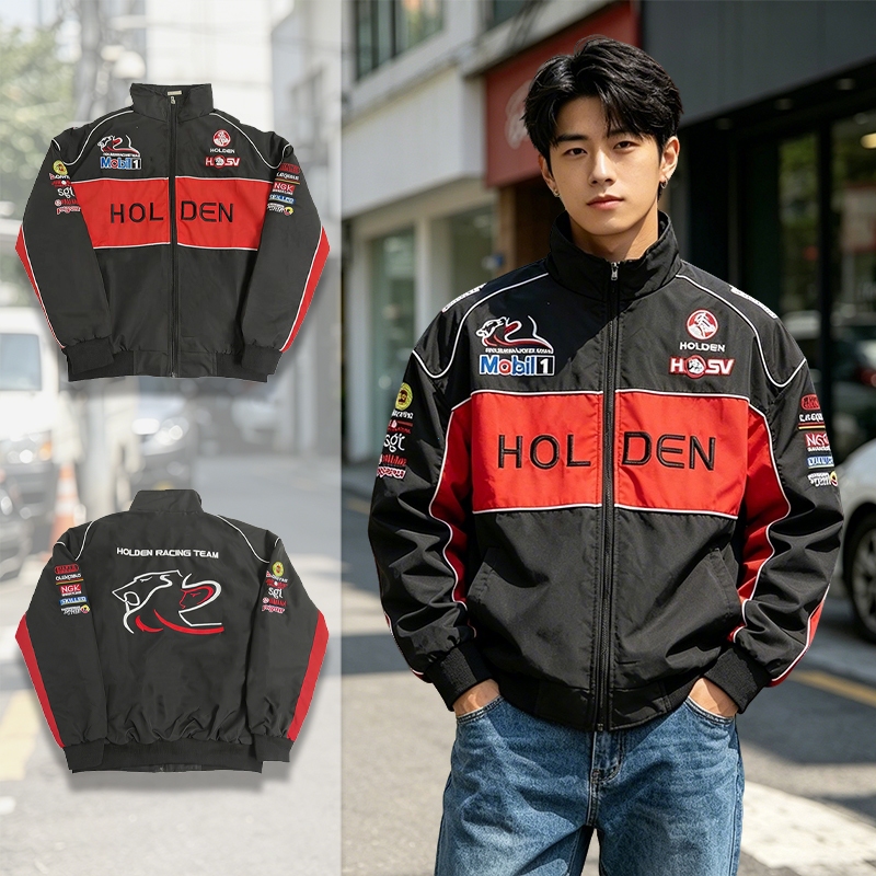 GTY Jaket Racing Parasut Holden,Windbreaker Jacket Hitam Pria,Varsity Jeket Vintage Streetwear