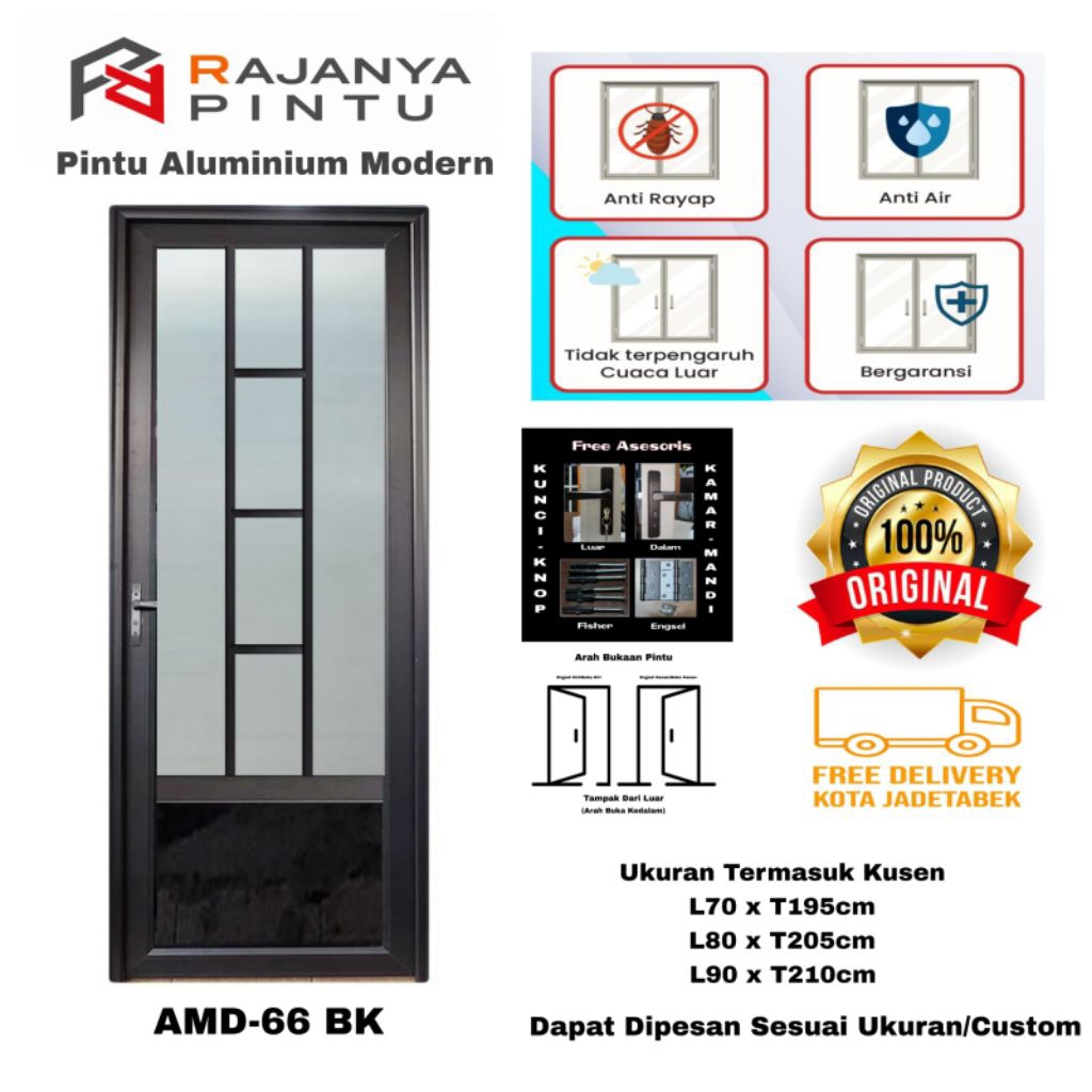 Pintu Aluminium AMD66BK full kaca es 5mm