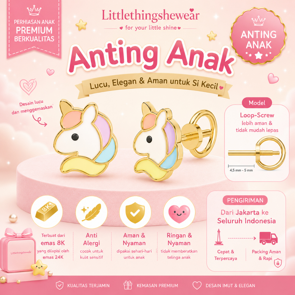 [FREE LM + THR] LittleThingSheWear - Anting emas anak Twilight Unicorn - Loop-screw back 8K (ulir)