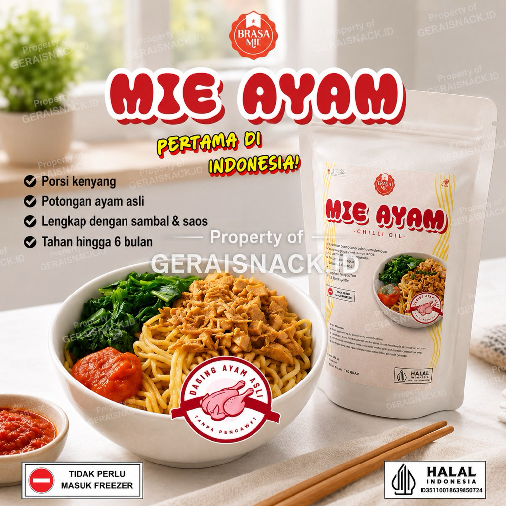 Mie Ayam Keraton Instan Brasa Mie 100 % Daging Ayam Tanpa Pengawet Non Frozen Khas Malang 282g