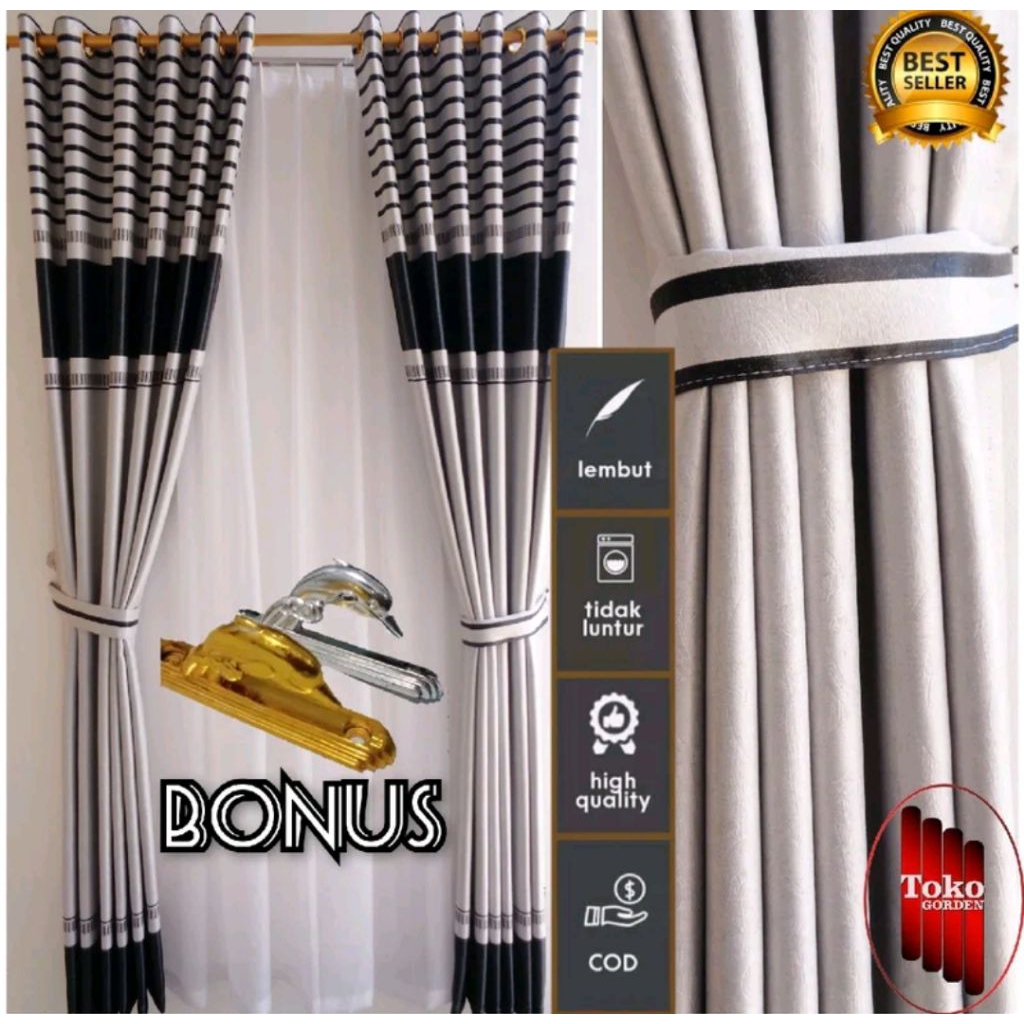gorden jendela dan pintu minimalis motip kombinasi 2 warna bahan kain import model 12 ring smokring 