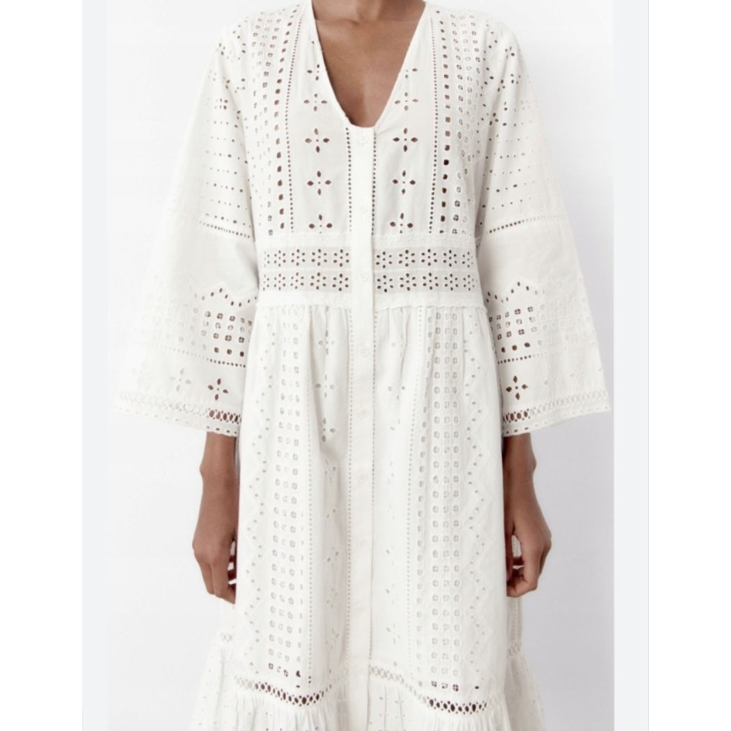 Zara white cutwork Embroidery long Dress Katbol