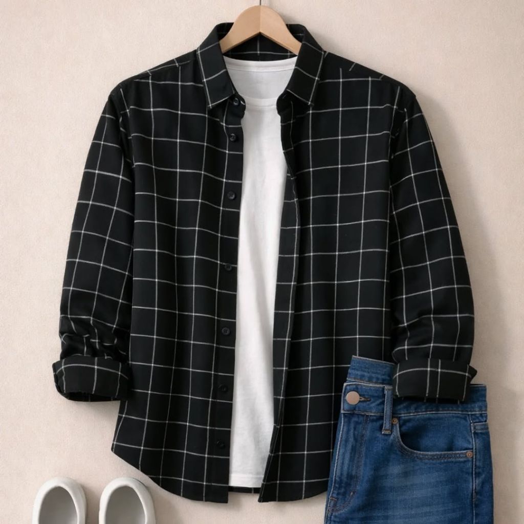 Kemeja Flanel Lengan Panjang F2D Cream Black Ptemium Quality