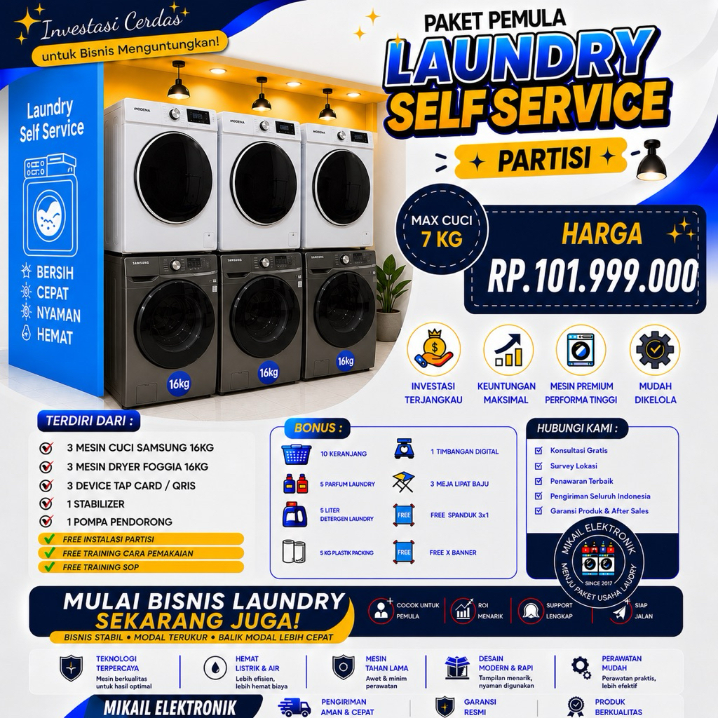 PAKET LAUNDRY SELF SERVICE PARTISI MESIN CUCI SAMSUNG 16 KG FOGGIA SIAP PAKAI