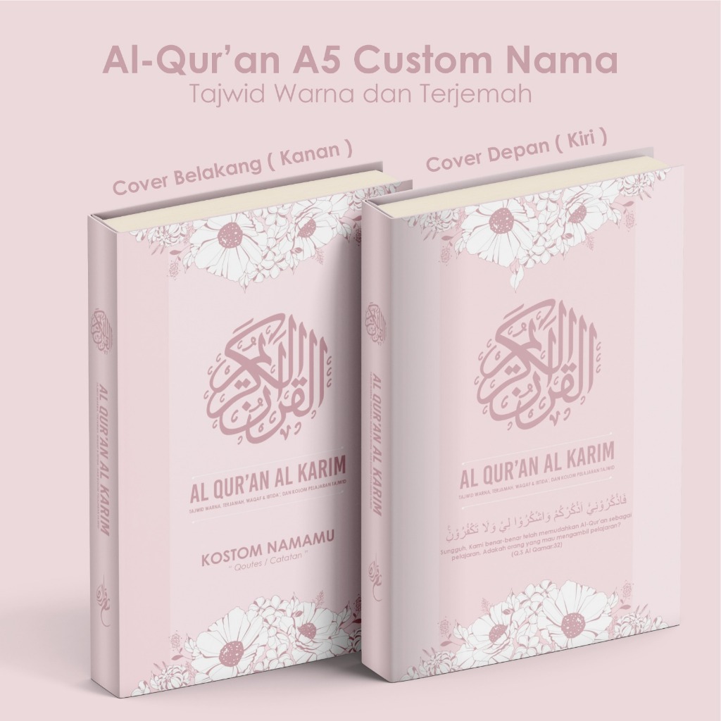 Al Quran Custom Nama A5 Terjemahan Tajwid Warna - Al-Quran Desain Bunga Pink