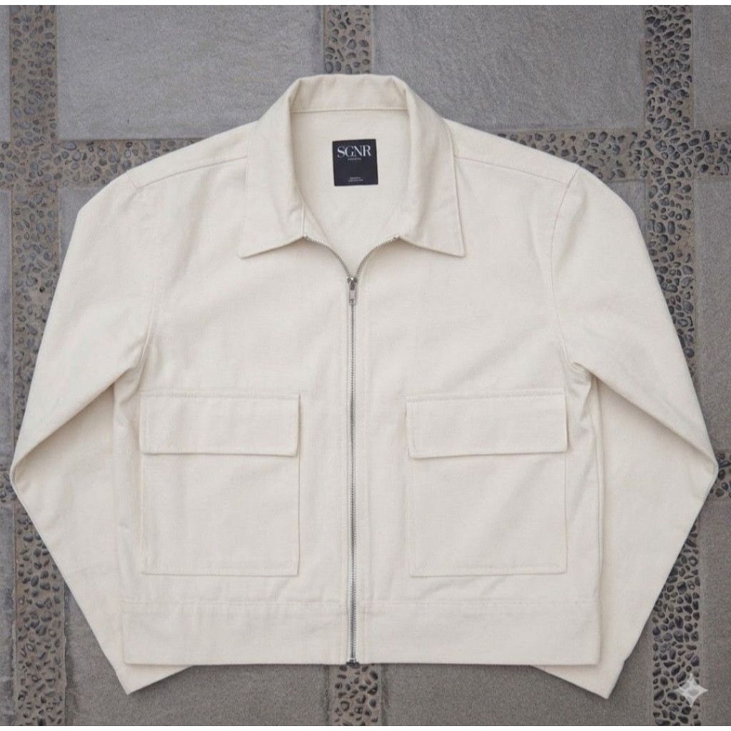 Boxy Blouson Jacket - Crop Boxy Work Jacket with Double Big Pocket (Broken White/Off-White)