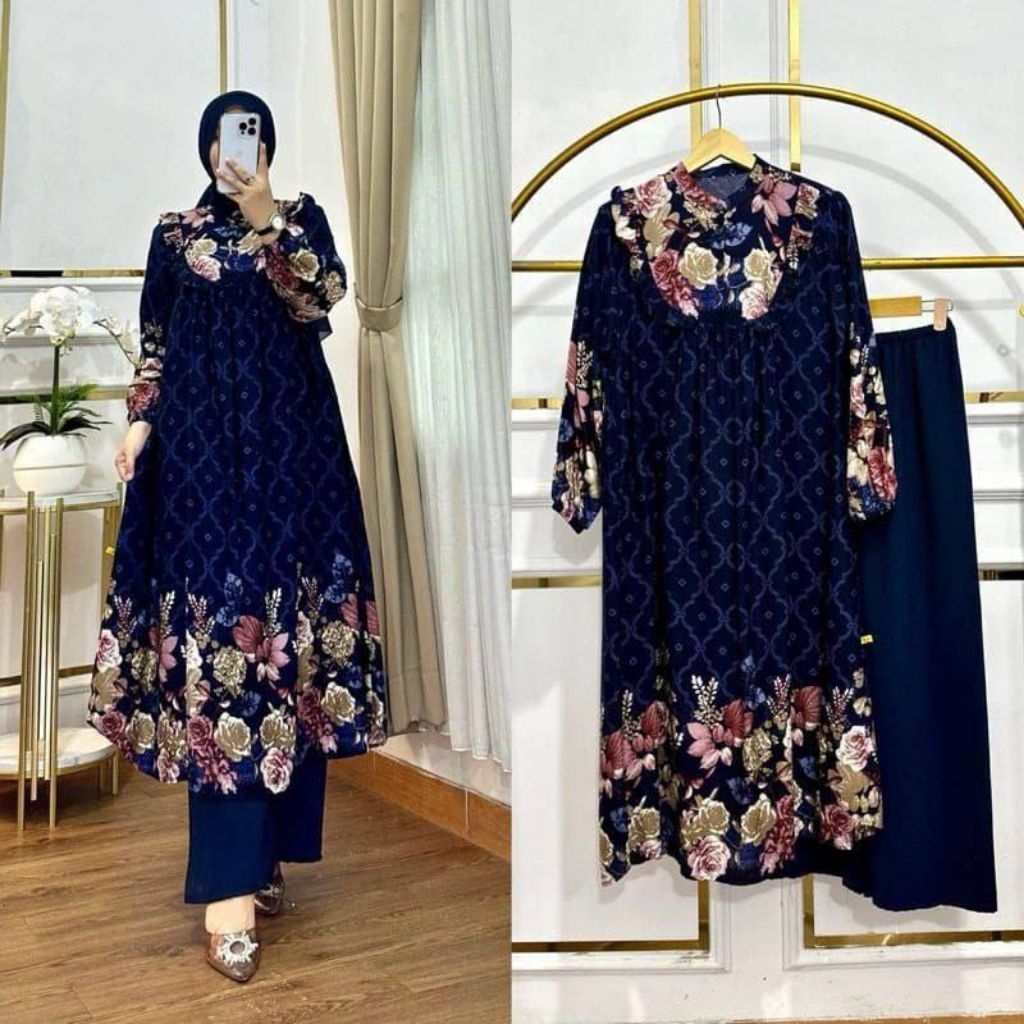 One Set Long Tunik // Setelan Tunik Rayon Premium Mix Crinkle Airflow