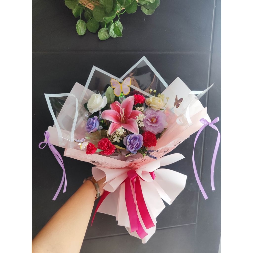 buket bunga artificial premium mixed preserved baby breath dan caspea kering, bouquet, bucket malang