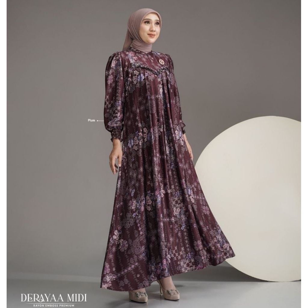 Nadheera Luxury - Derayaa Midi Dress Wanita Bahan Rayon Emboss Premium Motif Etnik