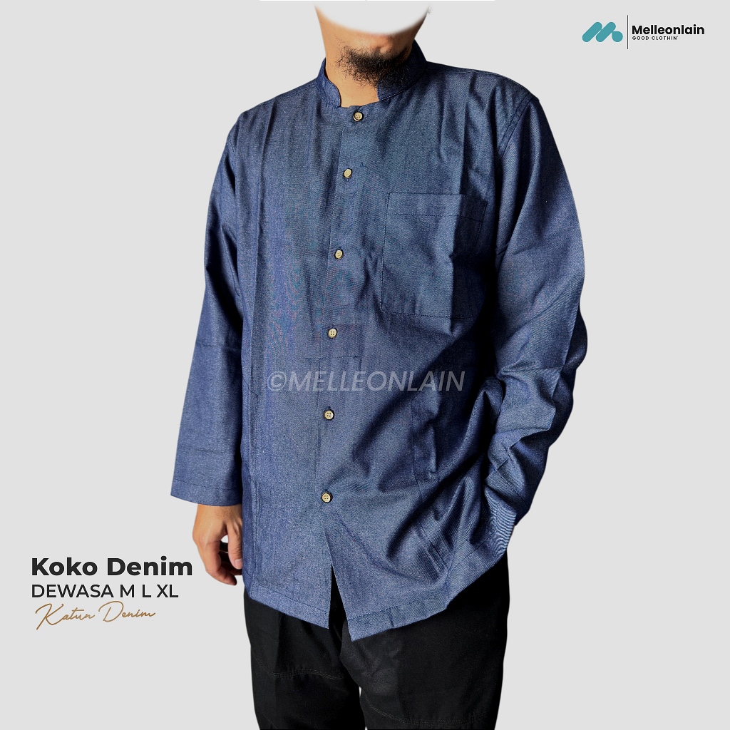Baju KOKO DENIM Jeans Lengan Panjang Kerah Mandarin Dewasa Melleonlain