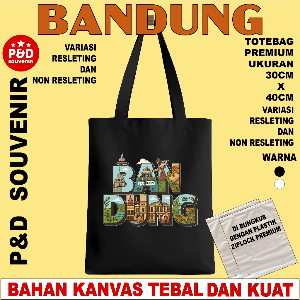 TAS TOTEBAG SOUVENIR OLEH OLEH BANDUNG (D) BAHAN KANVAS TEBAL DAN HALUS UKURAN 30X40CM