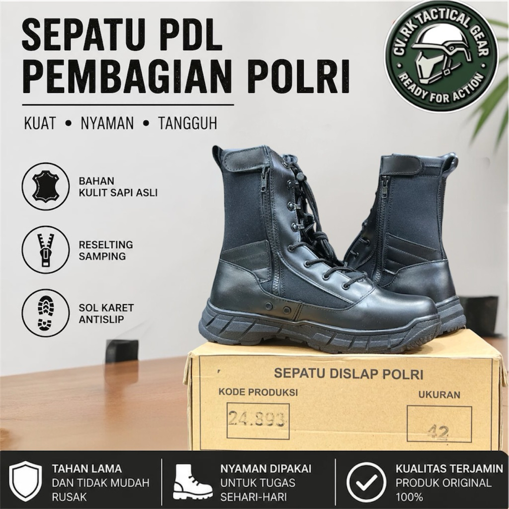 SEPATU PDL KULIT ASLI JATAH ASLI POLRI TALI + RESLETING SAMPING