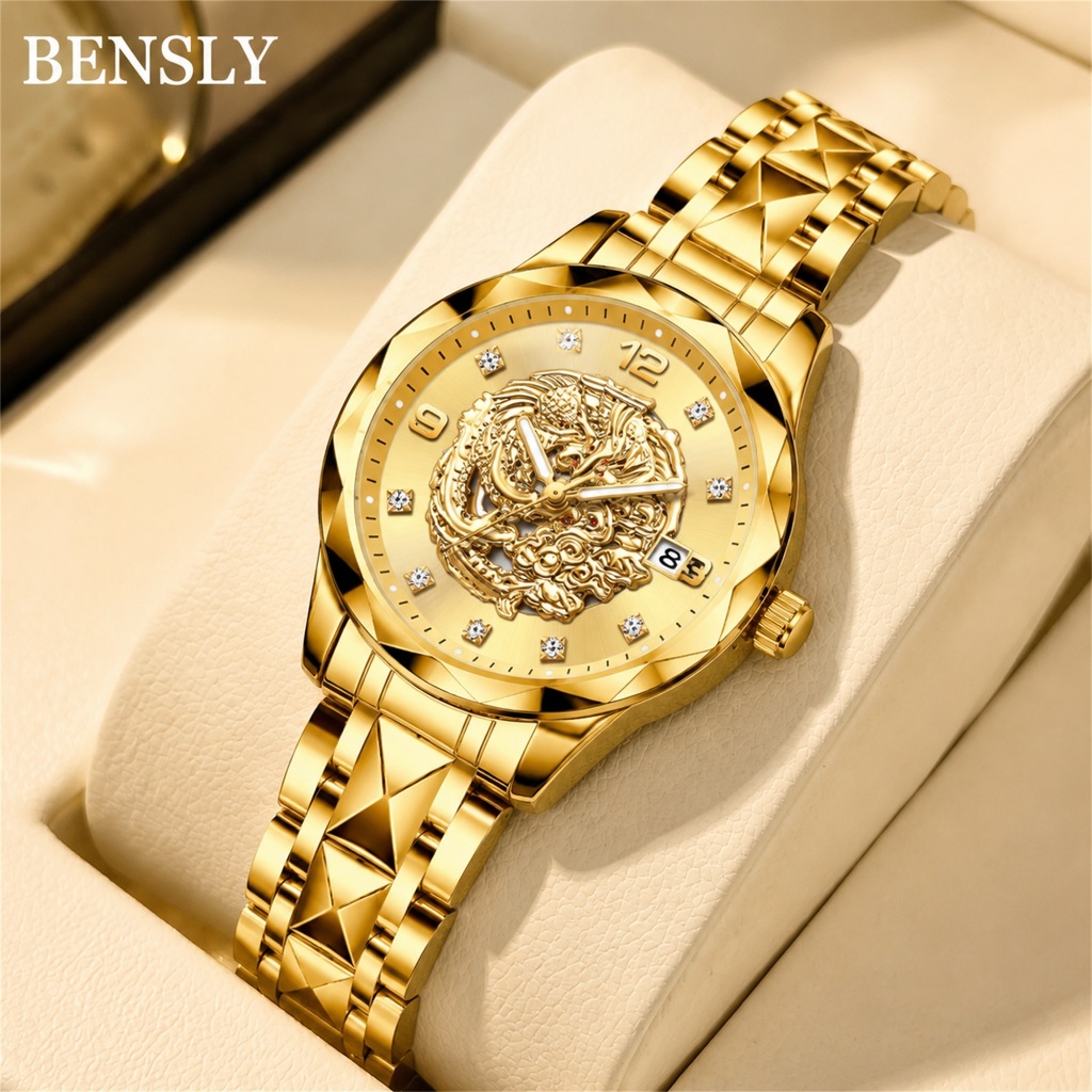 BENSLY Jam Tangan Analog Stainless Steel Tahan Air 2059 Naga Emas Phoenix Emas